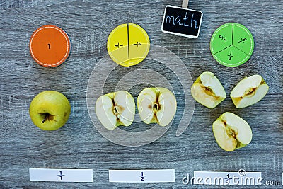 Ð¡olorful math fractions and apples as a sample on wooden background or table. Interesting creative funny math for kids. Stock Photo